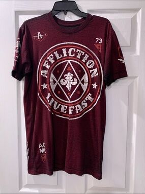 Affliction Men’s Live Fast Graphic Tee — Burgundy & White Accents